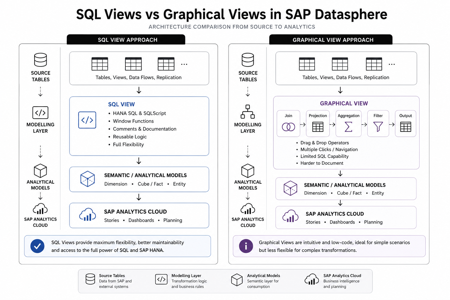Side-by-side architecture diagram comparing the SQL View approach and Graphical View approach in SAP Datasphere, from source tables through modelling layer to analytical models and SAP Analytics Cloud.